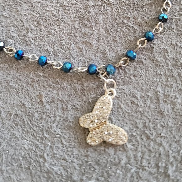 Anklet or Bracelet Silver Tone Blue Beads Butterfly Charm Fashion Jewelry - Picture 4 of 4